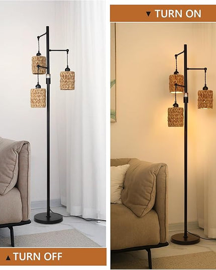Rattan Floor Lamp, 3-Lights Boho Floor Lamp with Stepless Dimmer, Farmhouse Rustic Floor Lamps for Living Room, Tall Floor Lamp with Rattan Shades, Dimmable Standing Lamp for Bedroom - LeafyLoom
