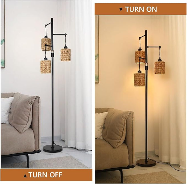 Rattan Floor Lamp, 3-Lights Boho Floor Lamp with Stepless Dimmer, Farmhouse Rustic Floor Lamps for Living Room, Tall Floor Lamp with Rattan Shades, Dimmable Standing Lamp for Bedroom - LeafyLoom