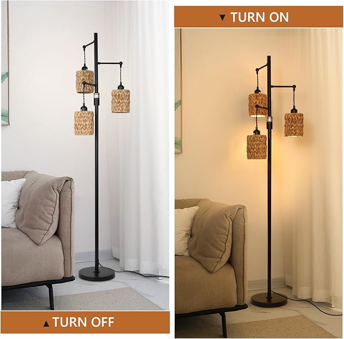 Rattan Floor Lamp, 3-Lights Boho Floor Lamp with Stepless Dimmer, Farmhouse Rustic Floor Lamps for Living Room, Tall Floor Lamp with Rattan Shades, Dimmable Standing Lamp for Bedroom - LeafyLoom