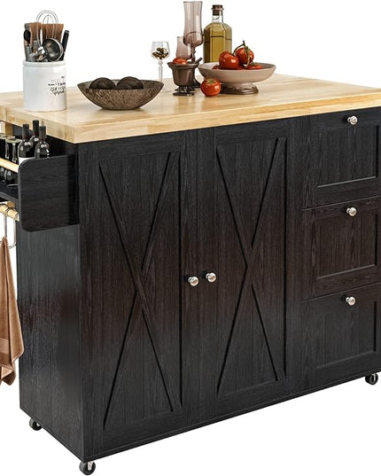 IRONCK Rolling Kitchen Island Cart with Drop-Leaf Countertop, Barn 3Drawers, Barn Door Style Cabine,Thicker Rubberwood Top, Spice Rack, on Wheels, for Kitchen and Dining Room, Black - LeafyLoom