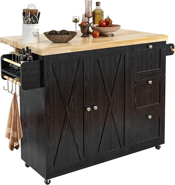 IRONCK Rolling Kitchen Island Cart with Drop-Leaf Countertop, Barn 3Drawers, Barn Door Style Cabine,Thicker Rubberwood Top, Spice Rack, on Wheels, for Kitchen and Dining Room, Black - LeafyLoom