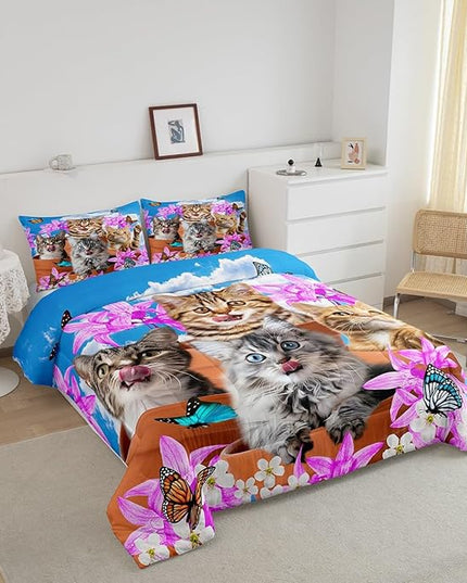 Kids Cute Cat Bedding Set Cartoon Pet Cats Kittens Comforter Set Cat Lovers Animal Themed Comforter for Boys Girls Purple Floral Butterflies Print Down Alternative Comforter Room Decor Twin Size - LeafyLoom