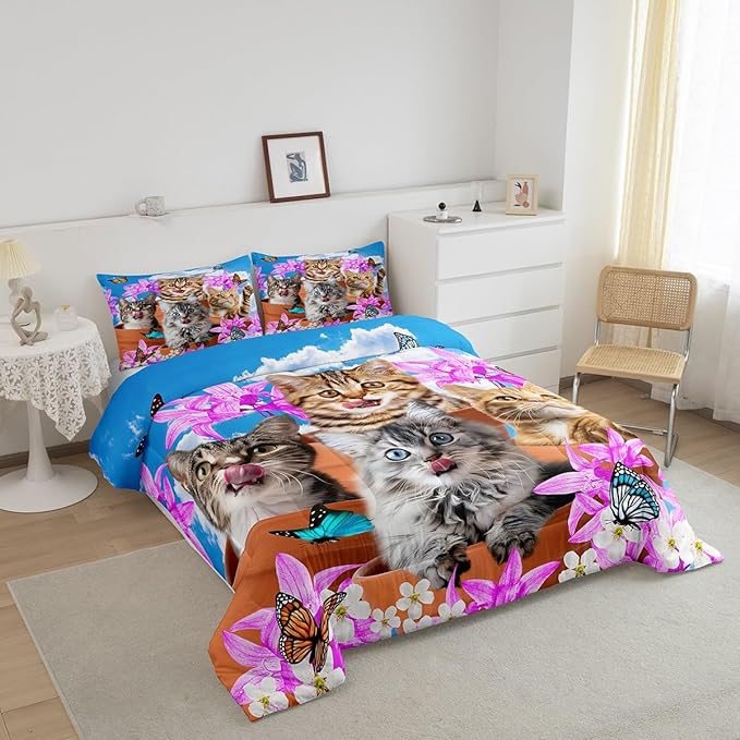 Kids Cute Cat Bedding Set Cartoon Pet Cats Kittens Comforter Set Cat Lovers Animal Themed Comforter for Boys Girls Purple Floral Butterflies Print Down Alternative Comforter Room Decor Twin Size - LeafyLoom