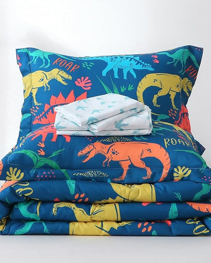 Wajade Boys Dinosaur Comforter Set Bed in A Bag Queen Size 7 Piece 3D Blue Dinosaur Print Bedding Set for Kids Teens(1 Comforter, 1 Flat Sheet, 1 Fitted Sheet, 2 Pillowcase and 2 Pillow Sham) - LeafyLoom