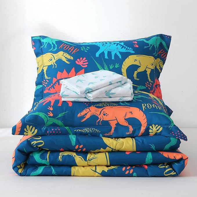 Wajade Boys Dinosaur Comforter Set Bed in A Bag Queen Size 7 Piece 3D Blue Dinosaur Print Bedding Set for Kids Teens(1 Comforter, 1 Flat Sheet, 1 Fitted Sheet, 2 Pillowcase and 2 Pillow Sham) - LeafyLoom