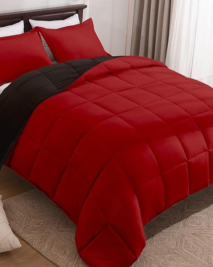 Basic Beyond Queen Comforter Set - Fluffy Comforter Queen Set for All Seasons - Reversible Red and Black Comforter Set Queen for Mens - 3 Pieces (1 Comforter + 2 Pillow Shams) - LeafyLoom