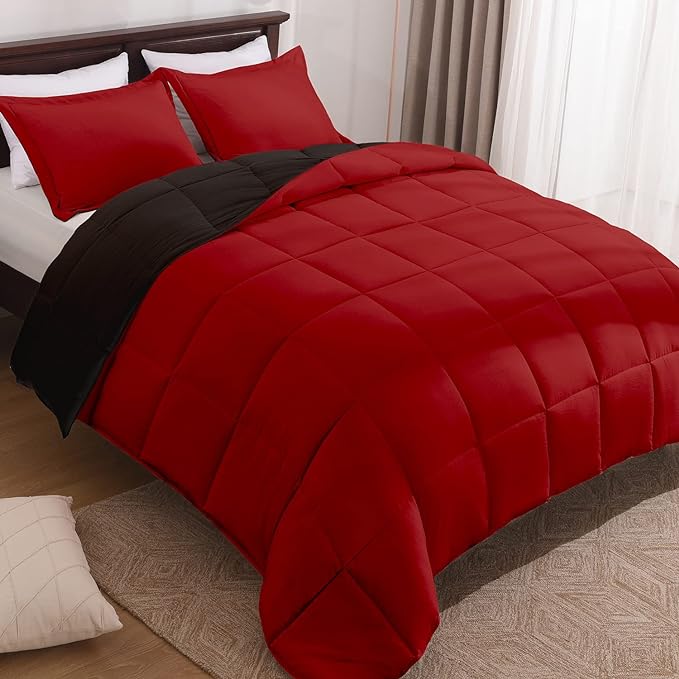Basic Beyond Twin Comforter Set for Girls and Boys - Fluffy Twin Bed Comforter Set for All Seasons - Reversible Kids Twin Comforter Set - 2 Pieces (1 Comforter + 1 Pillow Sham) - Red/Black - LeafyLoom