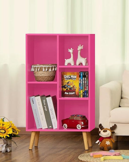 LEYAOYAO 5 Cube Bookshelf, 3-Tier Bookcase with Legs, Pink Kids Book Shelf Cute Storage Organizer, Free standing Open Toy Shelves Modern Bookshelves,Wood Display Bookcases for Bedroom,Living Room - LeafyLoom