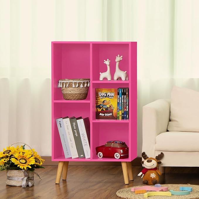 LEYAOYAO 5 Cube Bookshelf, 3-Tier Bookcase with Legs, Pink Kids Book Shelf Cute Storage Organizer, Free standing Open Toy Shelves Modern Bookshelves,Wood Display Bookcases for Bedroom,Living Room - LeafyLoom