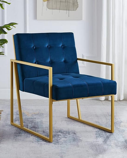 24KF Modern Navy Velvet Button Tufted Accent Chair with Golden Metal Stand, Decorative Furniture Chairs for Living Room Bedroom - Navy - LeafyLoom