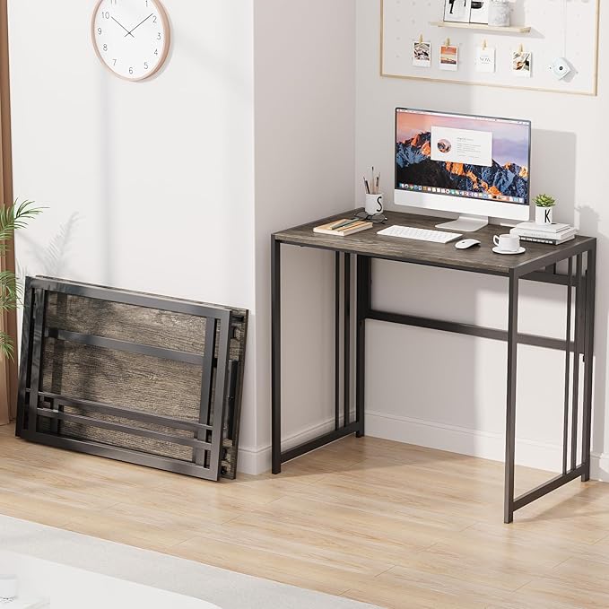 Folding Desk 32'' Computer Desk No Assembly Required Foldable Table Space Saving Writing Workstation for Home Office, Dark Grey - LeafyLoom