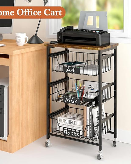 4-Tier Small Kitchen Storage Cart on Wheels, Metal Fruit Basket Stand with Pull-Out Baskets & Wood Top for Potato Onion Produce Snack Veggies - LeafyLoom