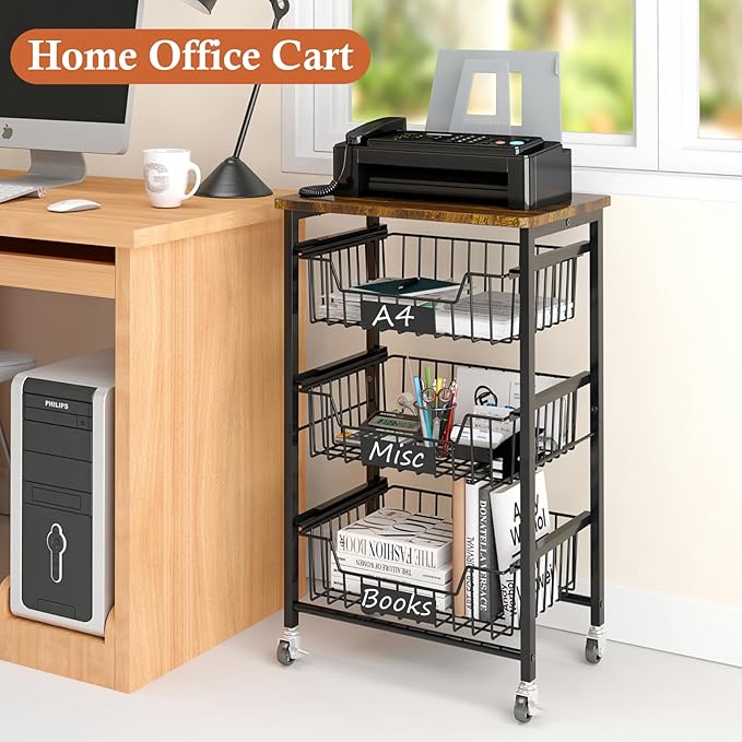 4-Tier Small Kitchen Storage Cart on Wheels, Metal Fruit Basket Stand with Pull-Out Baskets & Wood Top for Potato Onion Produce Snack Veggies - LeafyLoom