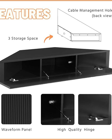 24/7 Shop at Home French 47 inch Modern Floating TV Console Table with 3D Wavy Panel Door, Wood Entertainment Center with Storage Space, Wall Corner Shelf for Living Room, Bedroom, Office, Black Pure - LeafyLoom