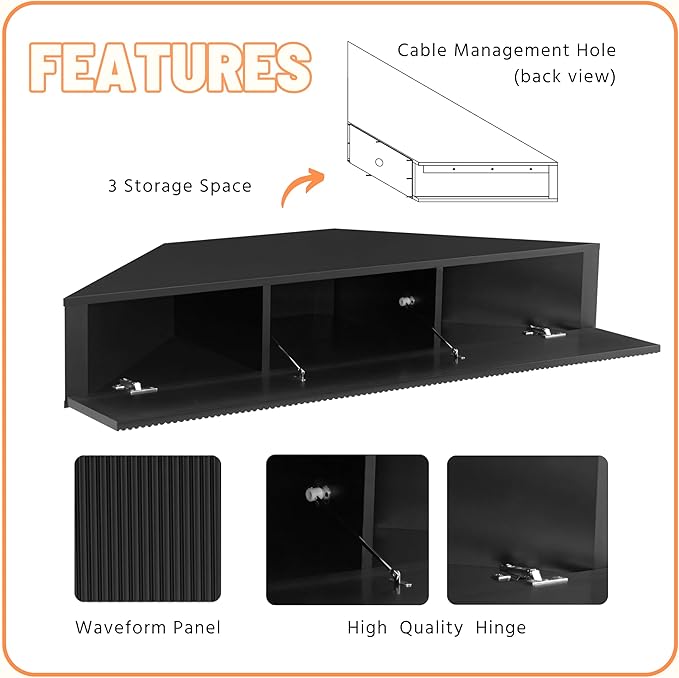 24/7 Shop at Home French 47 inch Modern Floating TV Console Table with 3D Wavy Panel Door, Wood Entertainment Center with Storage Space, Wall Corner Shelf for Living Room, Bedroom, Office, Black Pure - LeafyLoom