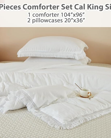 Litanika California King Comforter Set White, 3 Pieces Cal King Boho Tassel Bed Comforter, Oversized Soft Lightweight Bedding Comforter Sets for All Season(1 Comforter 104x96 inch, 2 Pillowcases) - LeafyLoom