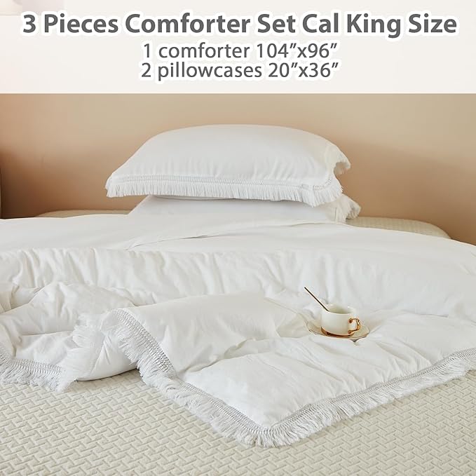 Litanika California King Comforter Set White, 3 Pieces Cal King Boho Tassel Bed Comforter, Oversized Soft Lightweight Bedding Comforter Sets for All Season(1 Comforter 104x96 inch, 2 Pillowcases) - LeafyLoom