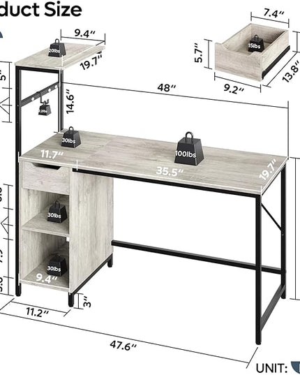 Bestier Gaming Desk with Drawer and LED Lights, 48 inch Computer Desk PC Table with Adjustable Storage Shelves & Hook for Home Office, Light Grey - LeafyLoom