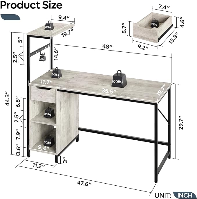 Bestier Gaming Desk with Drawer and LED Lights, 48 inch Computer Desk PC Table with Adjustable Storage Shelves & Hook for Home Office, Light Grey - LeafyLoom