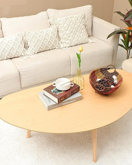 FIRMINANA Mid Century Modern Coffee Table,Large Oval Coffee Table for Living Room,Oval Small Mangotop Coffee Table for Small Spaces Nature Wood-47.3" W x23.63 D x 17.72" H - LeafyLoom
