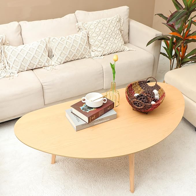FIRMINANA Mid Century Modern Coffee Table,Large Oval Coffee Table for Living Room,Oval Small Mangotop Coffee Table for Small Spaces Nature Wood-47.3" W x23.63 D x 17.72" H - LeafyLoom