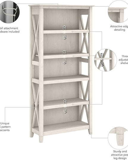 Bush Furniture Key West Bookcase Shelf in Linen White Oak | Farmhouse Bookshelf Display Cabinet for Library, Bedroom, Living Room, and Office - LeafyLoom