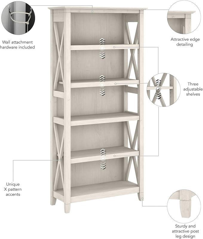 Bush Furniture Key West Bookcase Shelf in Linen White Oak | Farmhouse Bookshelf Display Cabinet for Library, Bedroom, Living Room, and Office - LeafyLoom