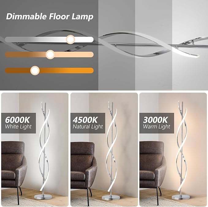 ADISUN 40W LED Modern Floor Lamp Remote Control Dimmable Spiral Floor Lamp Indoor Tall Lamp Floor Lamp for Living Rooms Family Rooms Bedrooms Offices Lighting (Silver) - LeafyLoom