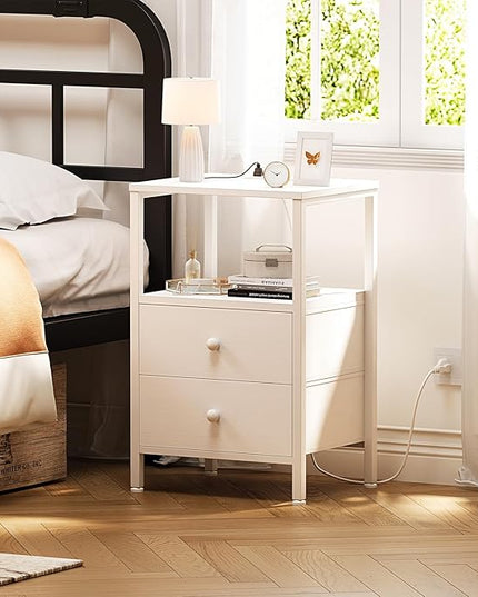 White Night Stand with Charging Station and USB Ports, Small Nightstand with Drawers and Shelf Storage End Table for Bedroom, Dorm, Modern Bedside Table - LeafyLoom