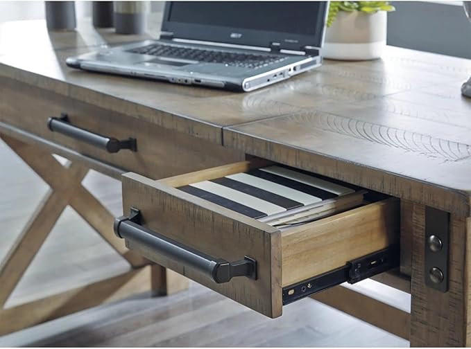 Signature Design by Ashley Aldwin Rustic Farmhouse 60" Home Office Lift Top Desk with Charging Ports, Distressed Gray - LeafyLoom