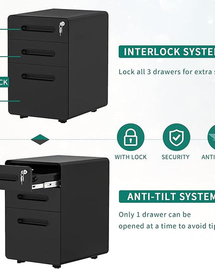 YITAHOME 3-Drawer Metal Mobile File Cabinet, Rolling Filing Cabinet with Lock, Filing Cabinet Under Desk fits Legal/A4 Size for Home/Office, Fully Assembled,Black - LeafyLoom