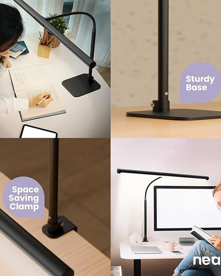 Neatfi LED Desk Lamp with Clamp and Base, Motion Sensor, Touch Control, 1100 Lumens, 5 Brightness Levels, 5 Light Modes, Steplessly Adjustable, 60-min Timer, Ideal for Home, Study, Reading (Black) - LeafyLoom