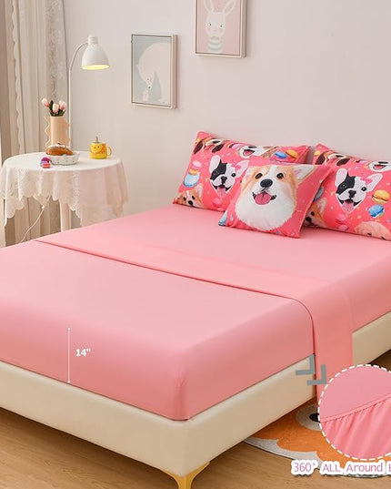 DORCAS Pink Twin Comforter Set for Girls Cute Dog Bedding Sets Twin Girls 6 Pieces Animal Twin Bed-in-A-Bag with Comforter,Sheets,Pillowcases for Kids - LeafyLoom
