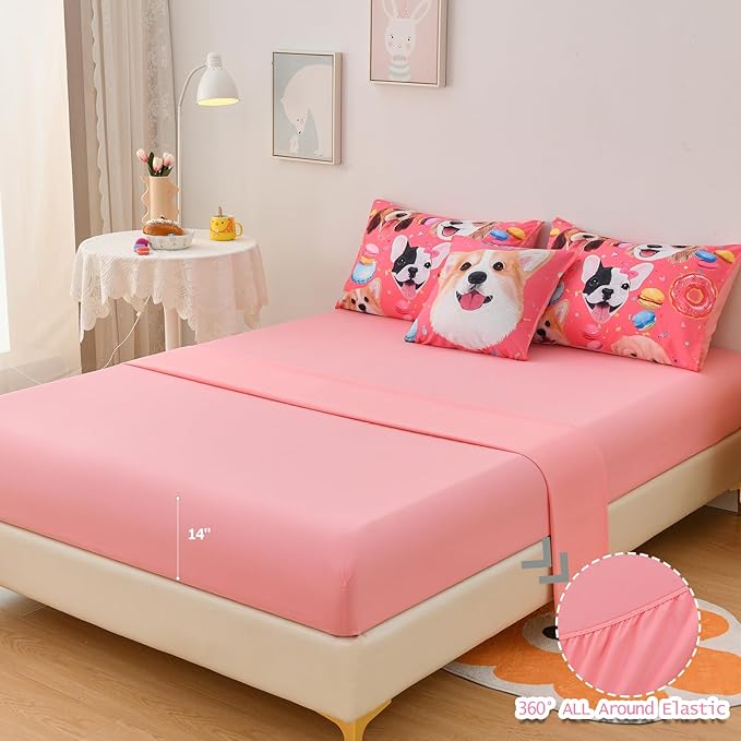 DORCAS Pink Twin Comforter Set for Girls Cute Dog Bedding Sets Twin Girls 6 Pieces Animal Twin Bed-in-A-Bag with Comforter,Sheets,Pillowcases for Kids - LeafyLoom