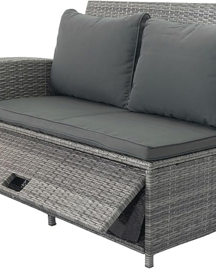 5 Pieces Outdoor Rattan Patio Furniture Sectional, Seater Conversation Set with 3 Storage Under Seat Wicker + Dark Cushion for Backyard, Deck, Poolside, Zl-Grey - LeafyLoom