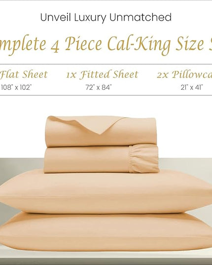 Bluemoon Homes 100% Egyptian Cotton Sheets Cooling Bedsheet California King Size - 1000 TC 4 Pc Sheets for Cal King Size Bed, Sateen Luxury Hotel Sheets, Soft, Fits Upto 18" Mattress - Sand - LeafyLoom
