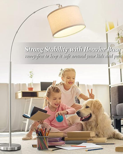 Arc Floor Lamps for Living Room, Silver Modern Floor Lamp, Adjustable Hanging Drum Shade, Tall Pole Lamp with Foot Switch, Over Couch Arched Reading Light for Bedroom, Office, LED Bulb Not Include - LeafyLoom