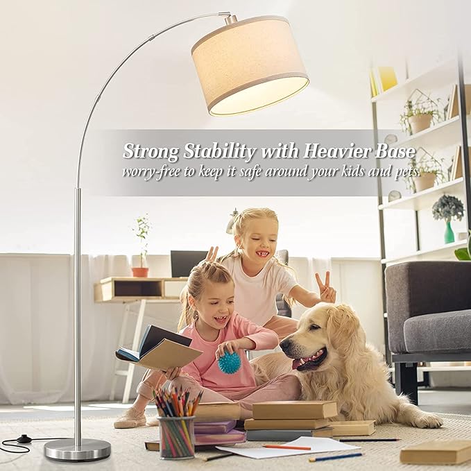Arc Floor Lamps for Living Room, Silver Modern Floor Lamp, Adjustable Hanging Drum Shade, Tall Pole Lamp with Foot Switch, Over Couch Arched Reading Light for Bedroom, Office, LED Bulb Not Include - LeafyLoom