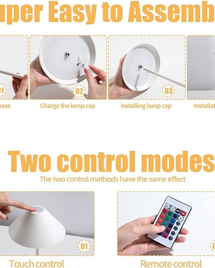 oneleaf Table Lamp RGB Modern LED Cordless,Rechargeable Battery Touch Desk lamp with remote control, Night Light, Metal Shell, for Couple Dinner/Restaurant/Bedroom/Camp-White - LeafyLoom