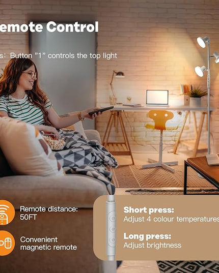 36W Silver Gray Floor Lamp, Super Bright LED Standing Lamp with Remote Control, 4 Color Temperatures, 3 Rotatable LED Lights, Dimmable Tree Floor Lamps for Living Room, Bedroom, Office - LeafyLoom