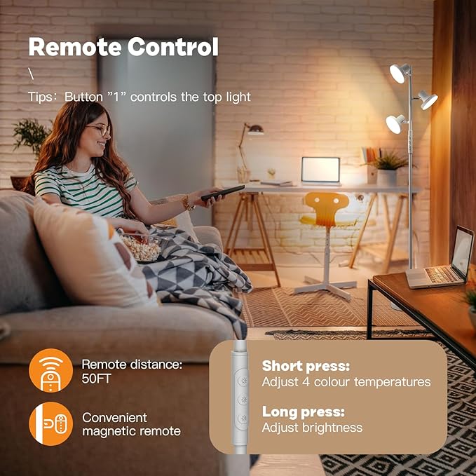 36W Silver Gray Floor Lamp, Super Bright LED Standing Lamp with Remote Control, 4 Color Temperatures, 3 Rotatable LED Lights, Dimmable Tree Floor Lamps for Living Room, Bedroom, Office - LeafyLoom