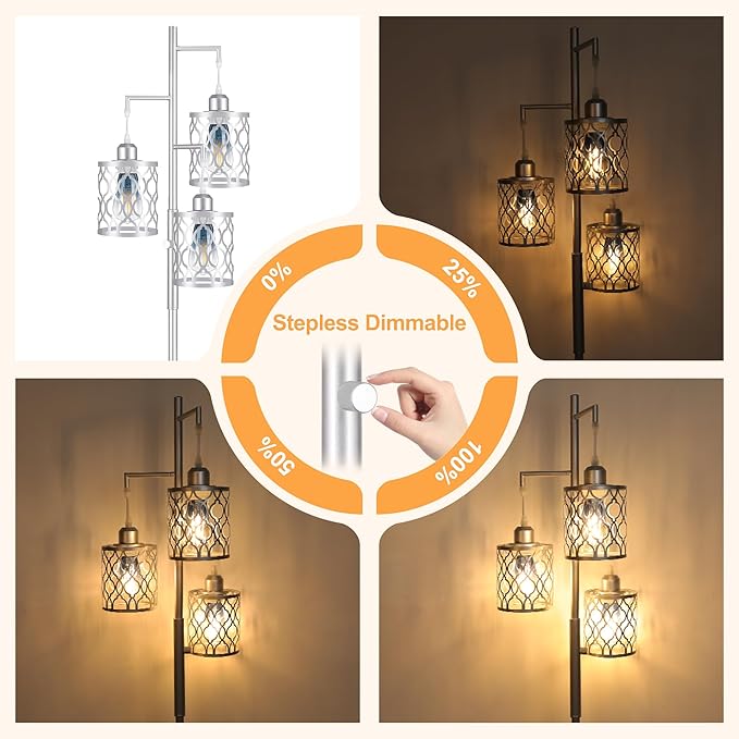 68" Farmhouse floor lamp, Dimmable Industrial Floor Lamps for Living Room, 3 Light Rustic Standing Tall Lamp Including 3 PCS 6W Edison Bulbs, Tree Floor Lamp for Bedrooms Room, Office, Bar, Silver - LeafyLoom