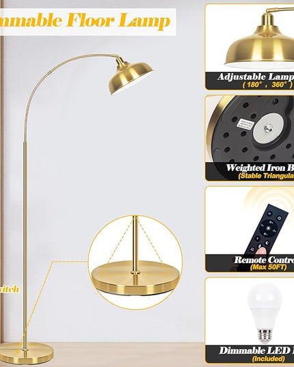 Gold Floor Lamps for Living Room- Arc Floor Lamps with 9W Bulb, 360° Adjustable Metal Shade, Remote Control Dimmable Floor Lamp, Over Couch Mid Century Modern Brass Floor Lamp for Bedroom, Office - LeafyLoom