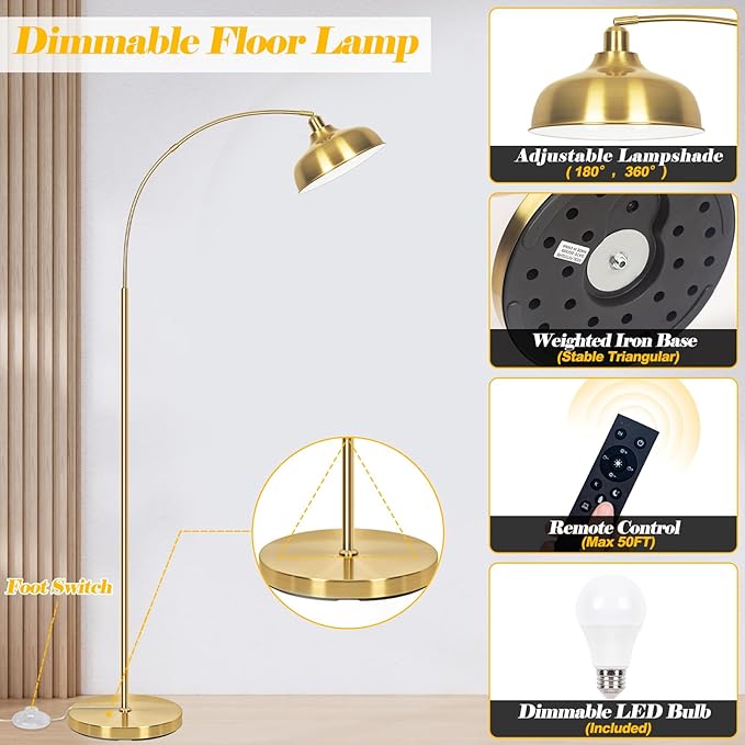 Gold Floor Lamps for Living Room- Arc Floor Lamps with 9W Bulb, 360° Adjustable Metal Shade, Remote Control Dimmable Floor Lamp, Over Couch Mid Century Modern Brass Floor Lamp for Bedroom, Office - LeafyLoom