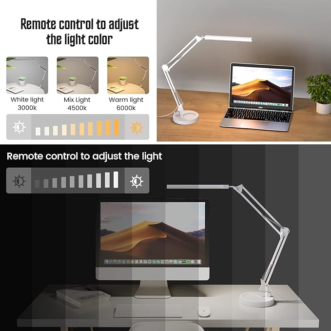LED Desk Lamp with Clamp and Round Base,Eye Caring Table Lamp with Swing Arm,3 Color Modes 10 Brightness Levels,Memory Function,Desk Light for Home Office with USB Adapter White-14W - LeafyLoom