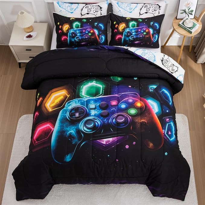NTBED Game Console Comforter Set for Boys Girls Kids Space Universe Gaming Geometric Lightweight Microfiber Gamer Bedding Sets (Multi, Queen) - LeafyLoom
