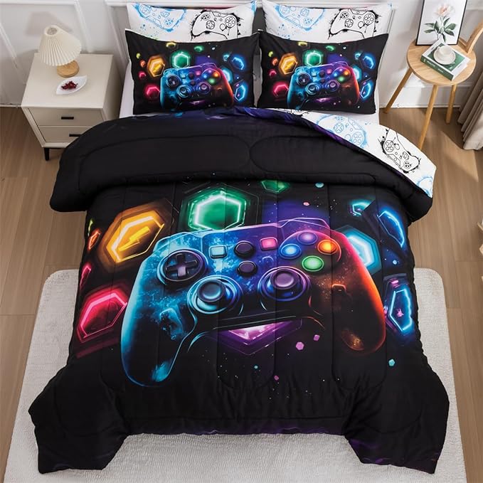 NTBED Game Console Comforter Set for Boys Girls Kids Space Universe Gaming Geometric Lightweight Microfiber Gamer Bedding Sets (Multi, Full) - LeafyLoom