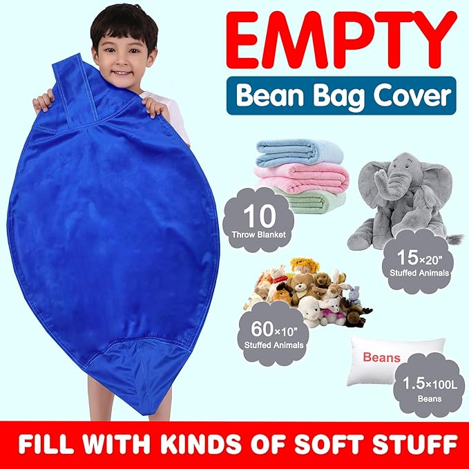 Lukeight Stuffed Animal Storage Bean Bag Chair Cover for Kids, Zipper Beanbag Chair Cover for Organizing Toddler & Kids' Rooms Plush Toys (Solid Blue, Large) - LeafyLoom