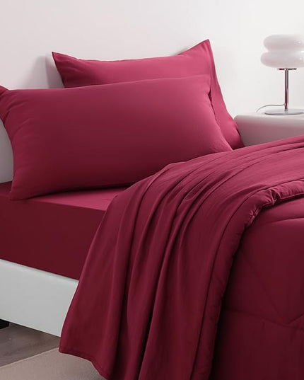 NTBAY Twin Comforter Set with Sheets, 5 Pieces Soft and Breathable Twin Bedding Set, Twin Bed in a Bag, Down Alternative Comforter Set Solid Color All Season, Kids Bedding Set, Wine Red - LeafyLoom