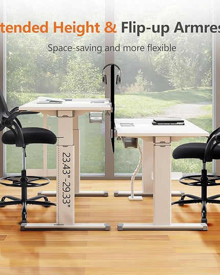 Sweetcrispy Home Office Drafting Desk Chair - Ergonomic High Stool Computer with Adjustable Height and Comfy Lumbar Support, Tall Rolling Task for Standing Desk with Flip-up Arm and Footrest, Black - LeafyLoom